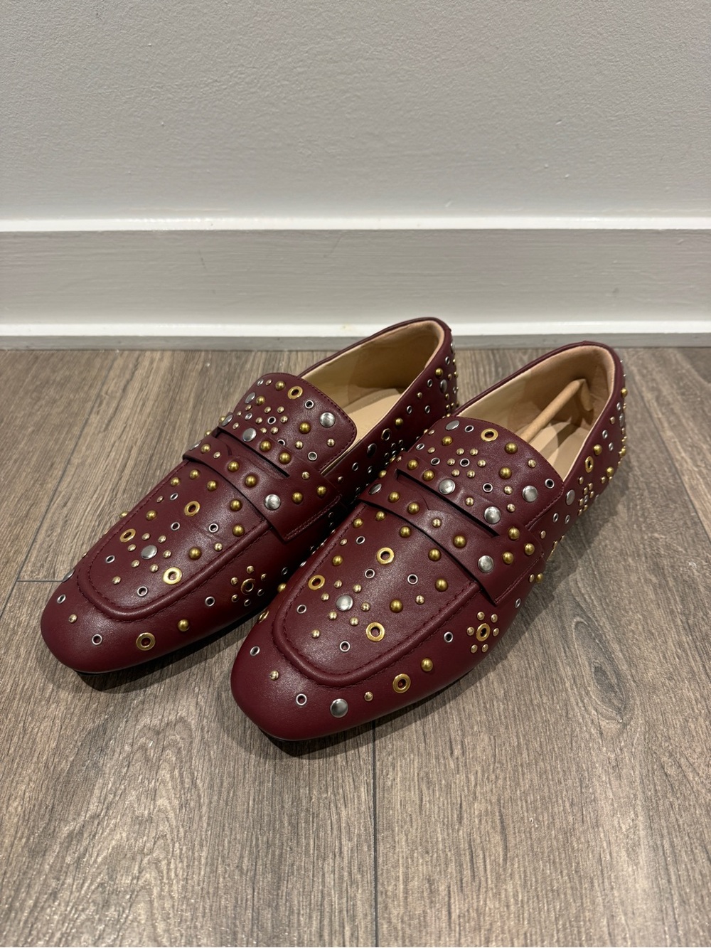 Studded Burgundy Leather Loafers